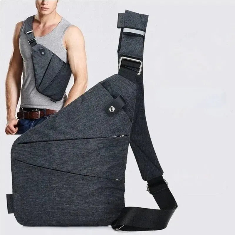 Dark grey single shoulder chest bag for men with adjustable strap and multiple zippered compartments