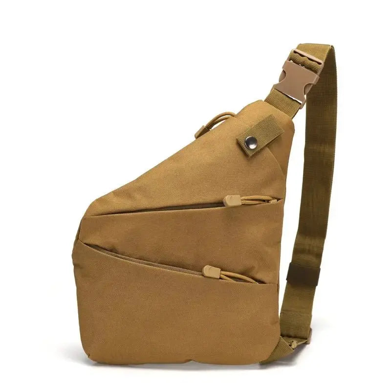 Brown waterproof nylon tactical chest bag for men with adjustable single shoulder strap and zipper pockets