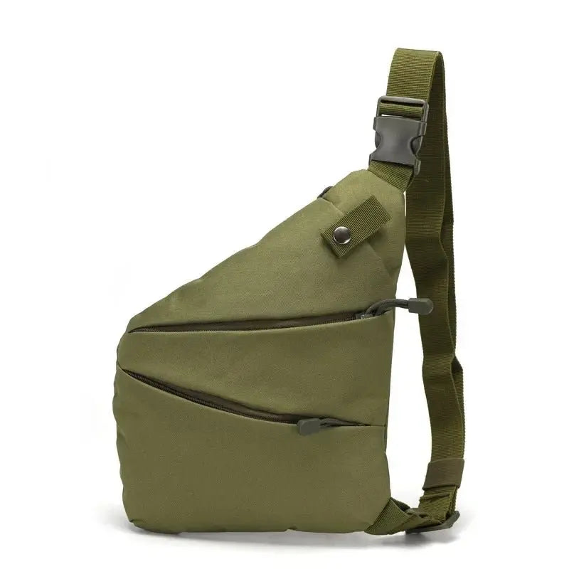 Side view of olive green waterproof nylon chest bag with two zippered compartments and adjustable single shoulder strap