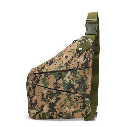 Camouflage tactical chest bag for men with waterproof nylon fabric and adjustable single shoulder strap buckle closure