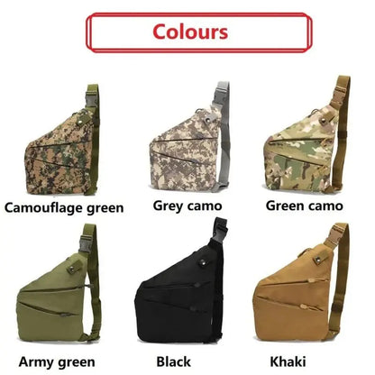 Six color variations of men's waterproof nylon camouflage tactical chest bags with single shoulder strap and front zipper pockets