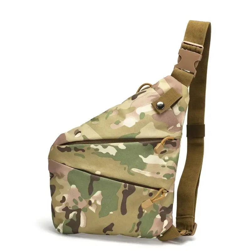 Side view of camouflage tactical chest bag for men with adjustable single shoulder strap and waterproof nylon material