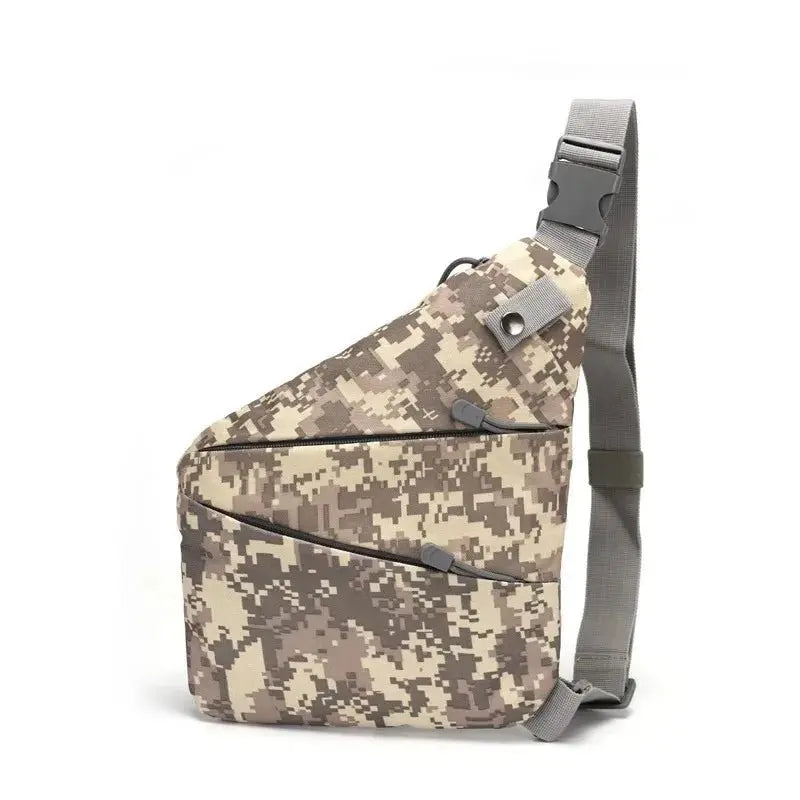 Side view of camouflage tactical chest bag for men with multiple zippered compartments and adjustable shoulder strap