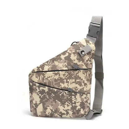 Side view of camouflage tactical chest bag for men with multiple zippered compartments and adjustable shoulder strap