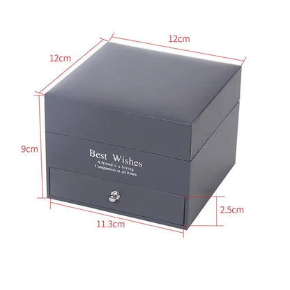 Dark grey jewelry gift box with drawer and "Best Wishes" inscription showing dimensions in centimeters