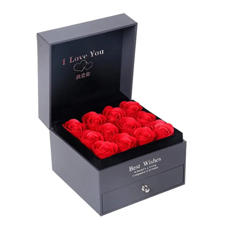 Elegant grey gift box with 9 red rose-shaped decor and "I Love You" message inside the lid for Valentine's Day gift