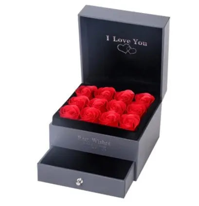 Elegant grey gift box with red rose bouquet, "I Love You" inscription, and a small drawer for jewelry storage
