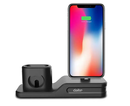 Black 3-in-1 mobile phone charging base with iPhone, iWatch, and AirPods charging stands and daite branding on front