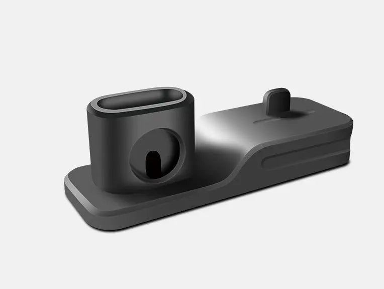 Black 3-in-1 mobile charging base stand compatible with Apple iWatch, AirPods, and iPhone devices on grey background