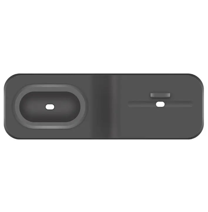 Top view of black 3-in-1 charging base compatible with Apple iWatch, AirPods, and iPhone charging stand