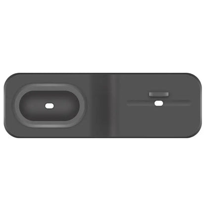 Top view of black 3-in-1 charging base compatible with Apple iWatch, AirPods, and iPhone charging stand