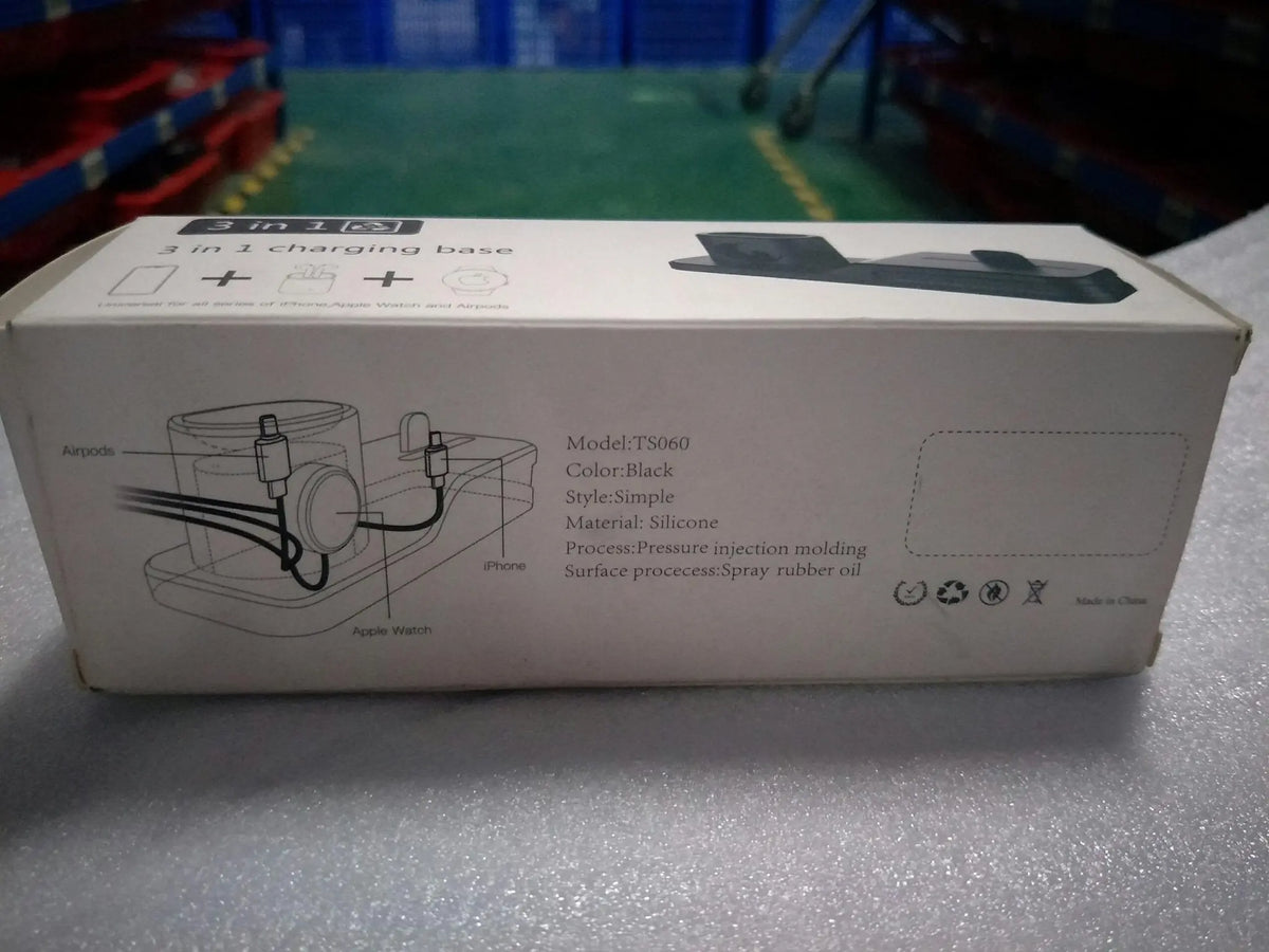 Packaging box for 3-in-1 black silicone mobile phone charging base compatible with Apple iWatch, AirPods, and iPhone