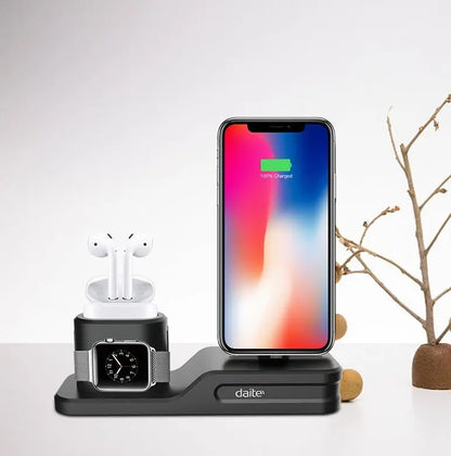 Black 3-in-1 charging stand for iPhone, Apple Watch, and AirPods with LED charging indicators on a white background