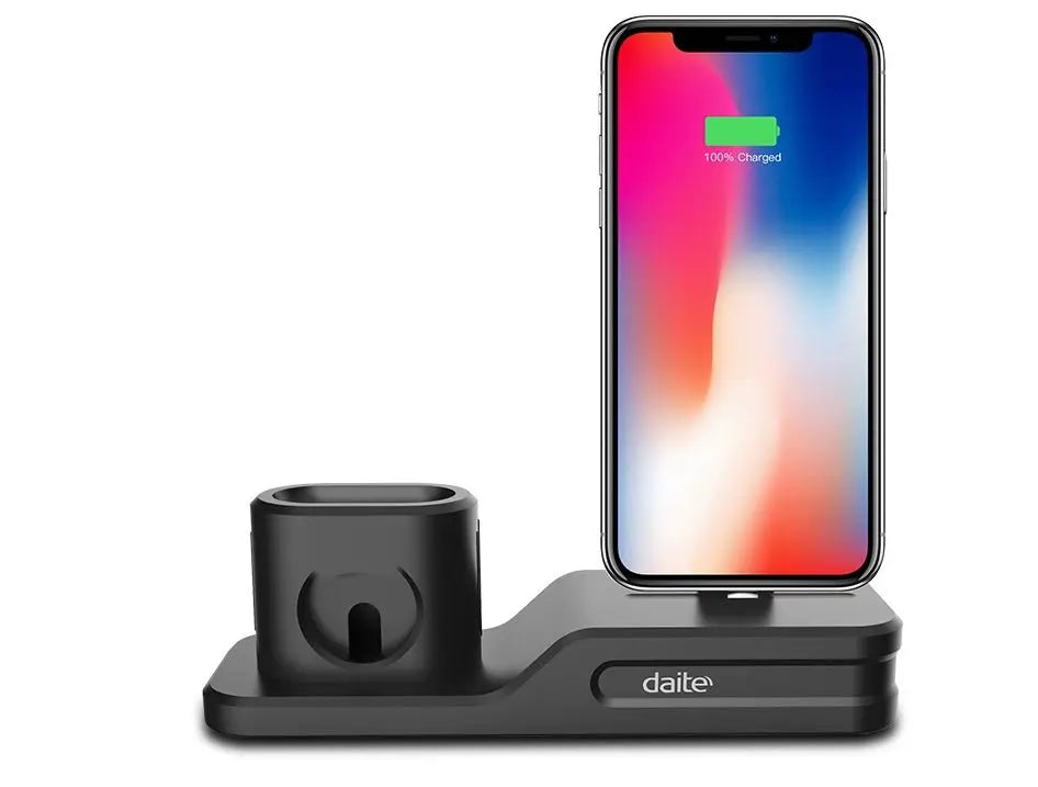 Black 3-in-1 charging base compatible with Apple iWatch, AirPods, and iPhone with smartphone displayed fully charged