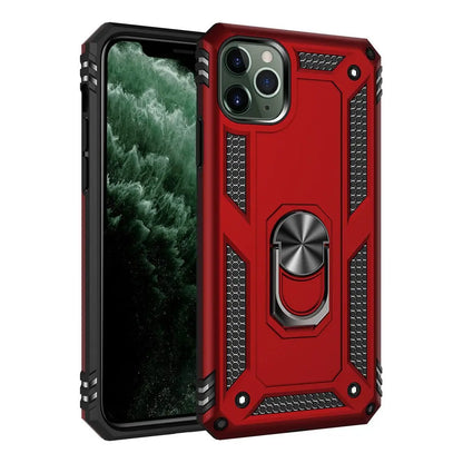 Red and black rugged Apple iPhone case with built-in ring holder and textured anti-drop design