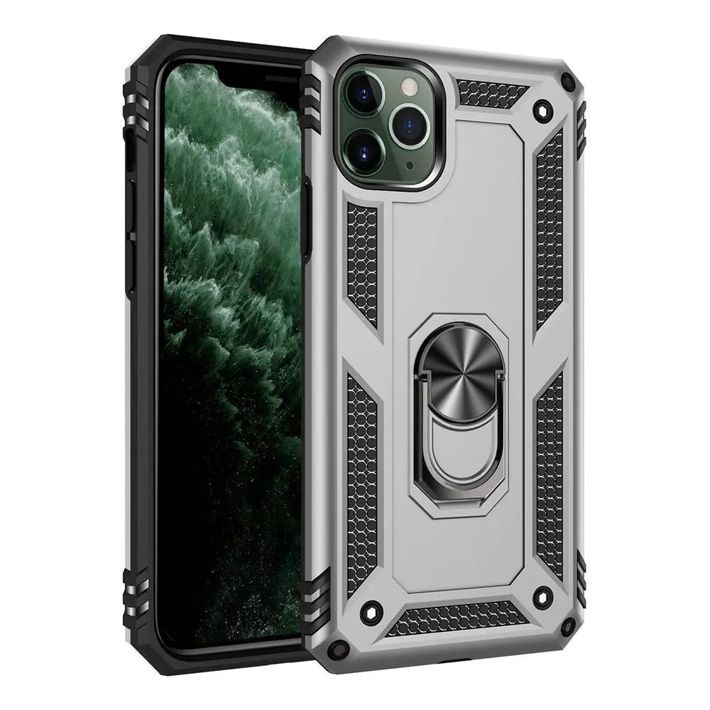 Protective grey and black phone case with built-in ring holder for Apple iPhone 7 8 Plus featuring textured grip sides