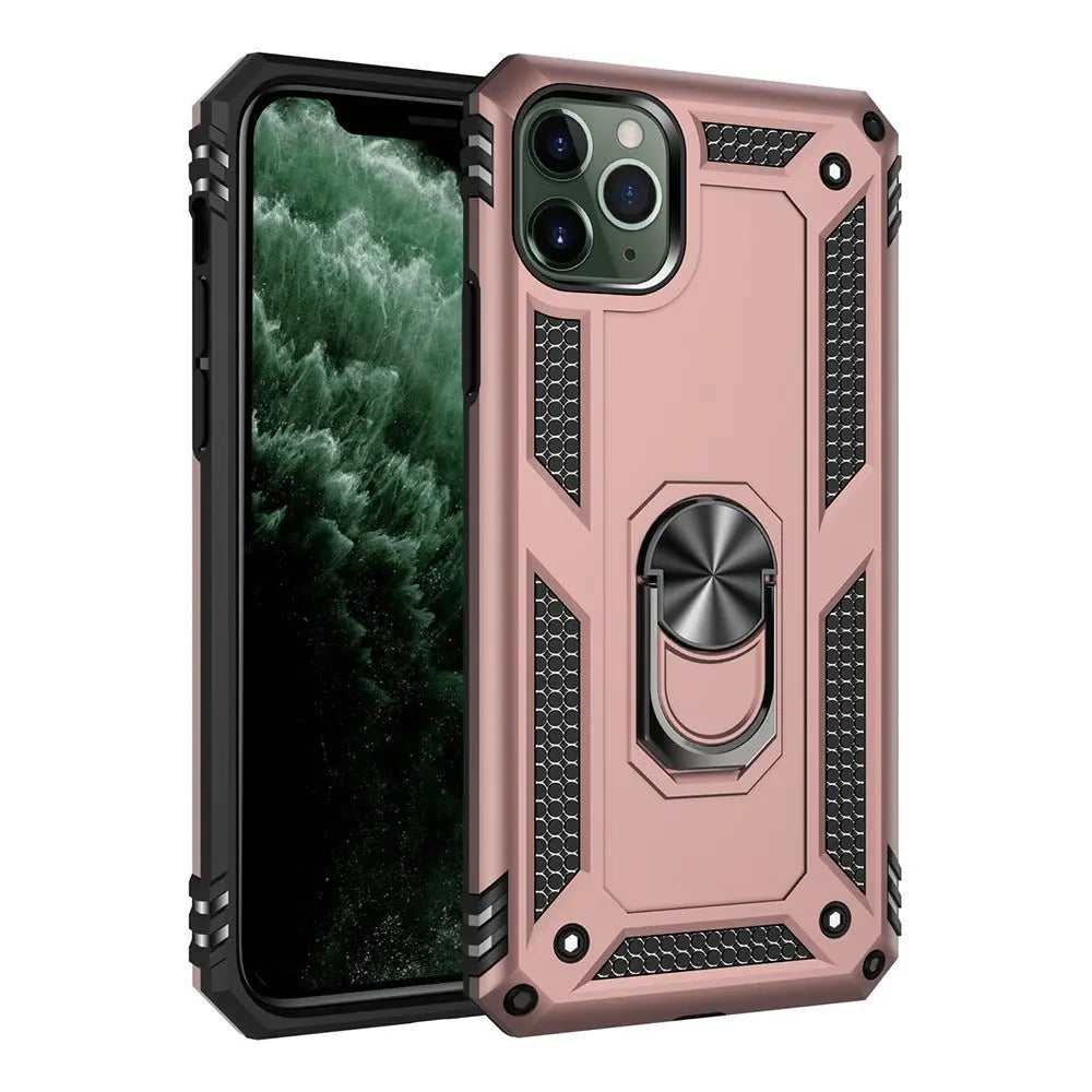 Rose gold rugged phone case with metal ring holder and textured grip designed for Apple iPhone 7 and 8 Plus models