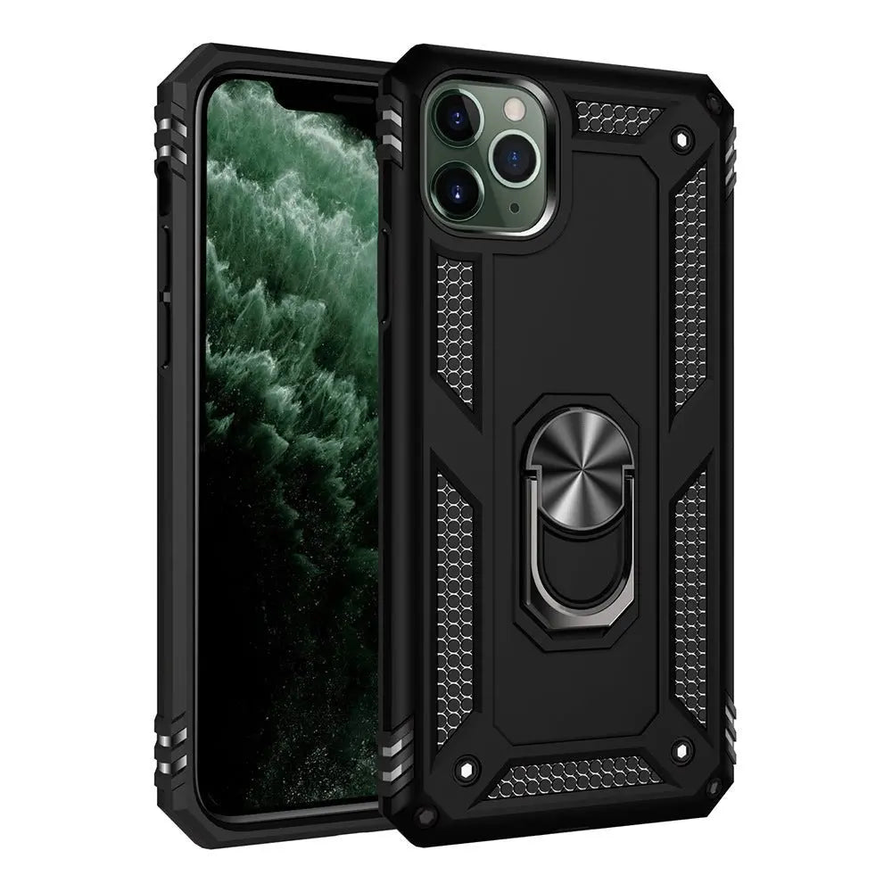 Black rugged anti-drop shell phone case with built-in ring holder for Apple iPhone 7 and 8 Plus models