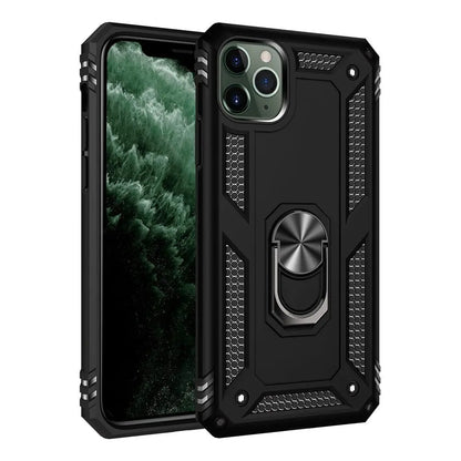 Black rugged anti-drop shell phone case with built-in ring holder for Apple iPhone 7 and 8 Plus models
