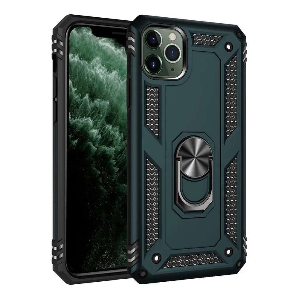 Rugged green and black Apple iPhone case with built-in ring holder and reinforced protective corners for 7 8PLUS models