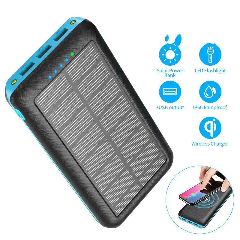 Black and blue solar power bank with wireless charging, 3 USB ports, LED flashlight, and IP66 rainproof rating