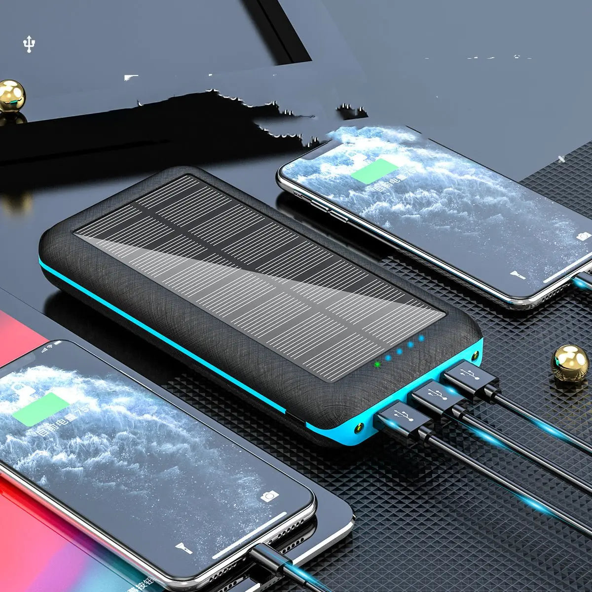 Portable black solar wireless charger with Qi compatibility for Apple, Xiaomi, Samsung devices and three USB charging ports