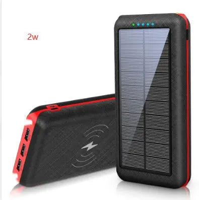 Portable black and red solar wireless Qi charger with solar panel and three USB ports for outdoor travel use