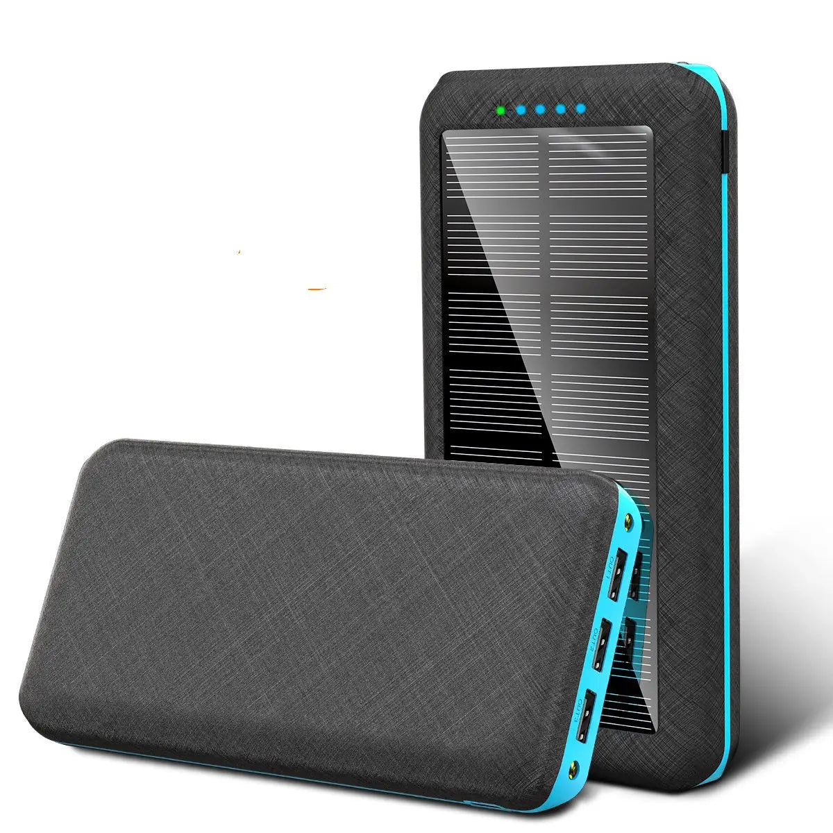 Black and blue portable solar charger with Qi wireless charging and three USB ports for Apple, Xiaomi, and Samsung devices