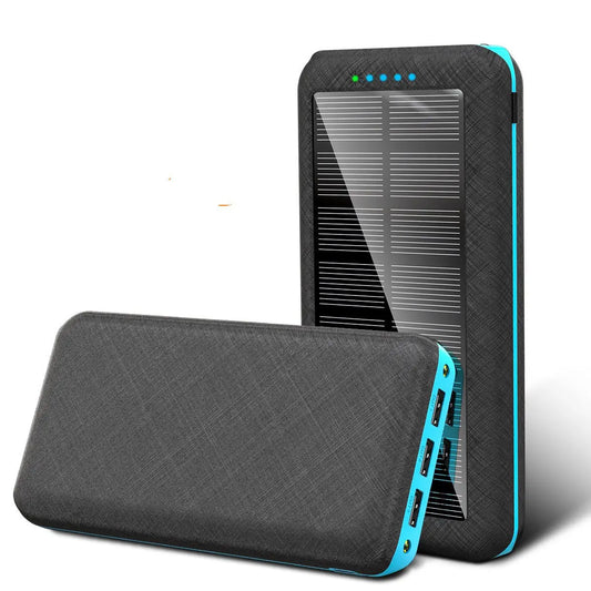 Black and blue portable solar charger with Qi wireless charging and three USB ports for Apple, Xiaomi, and Samsung devices