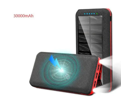 Portable 30000mAh wireless solar charger with Qi compatibility and 3 USB ports for Apple, Xiaomi, and Samsung devices