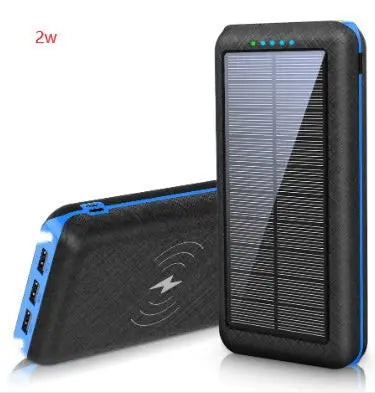 Black and blue portable solar wireless charger with Qi compatibility and three USB ports for outdoor travel use