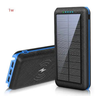 Black portable solar wireless Qi charger with blue trim, three USB ports, and LED battery indicator lights for outdoor use