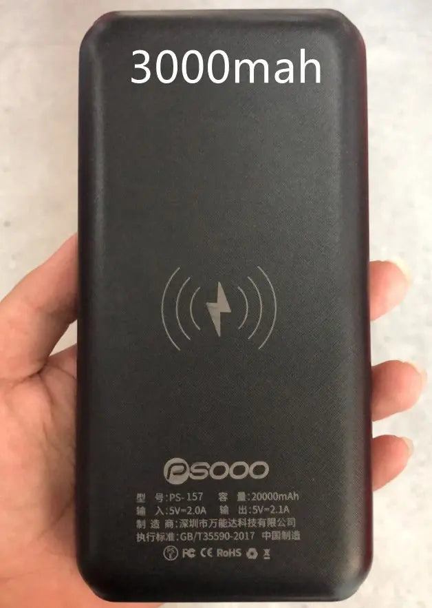 Handheld black wireless solar charger power bank with 3000mAh capacity and charging symbol on front surface