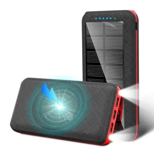 Portable black and red solar wireless charger with Qi compatibility, 3 USB ports, and LED battery indicator light