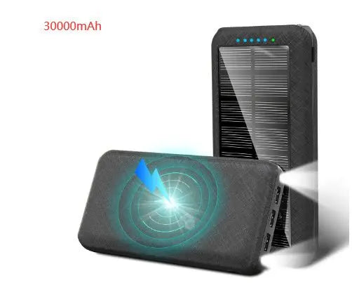 Portable 30000mAh solar wireless charger with 3 USB ports and LED flashlight for Apple, Xiaomi, and Samsung devices