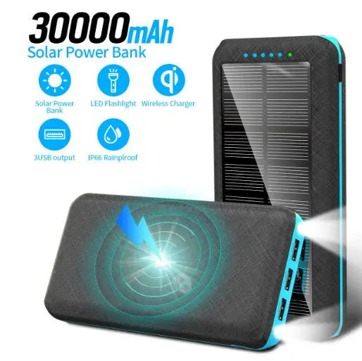 Portable 30000mAh solar power bank with wireless Qi charging, 3 USB ports, LED flashlight, and IP66 rainproof design
