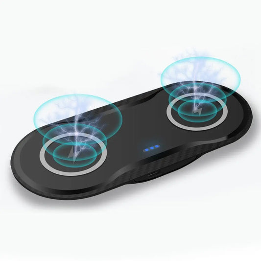 Black dual wireless Qi charger with blue LED indicators and energy waves for Apple and Samsung devices