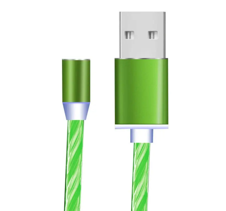 Green flowing light magnetic streamer USB cable with detachable connector for iPhone, Android, and Type-C devices