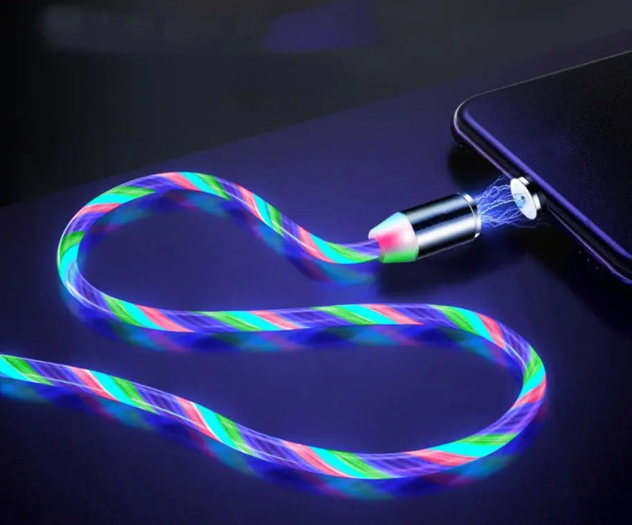 Flowing Light magnetic streamer data cable with colorful LED light for iPhone, Android, and Type-C charging connection