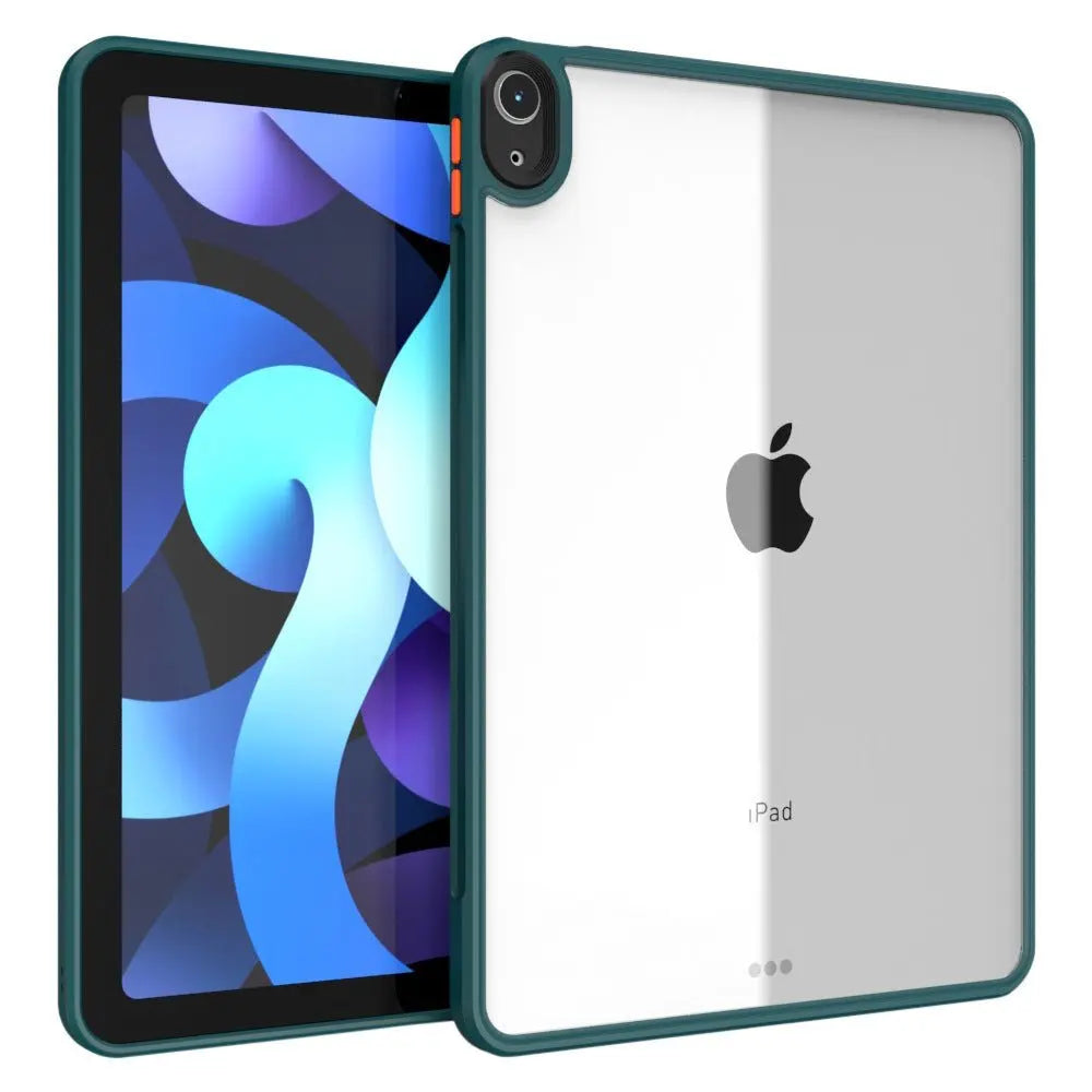 Apple iPad Air4 10.9-inch with transparent acrylic protective case featuring green bumper edges and camera cutout
