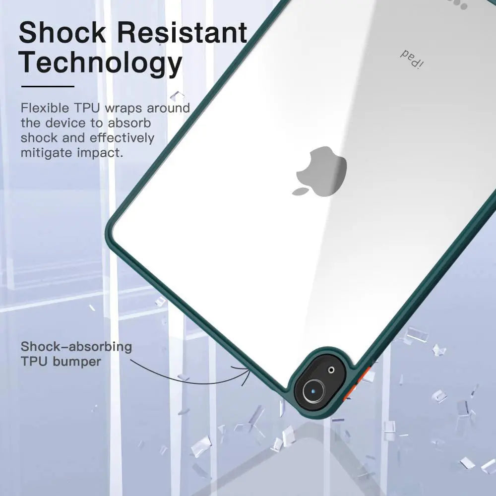 Close-up of transparent acrylic iPad Air4 case with green shock-absorbing TPU bumper and shock resistant technology text