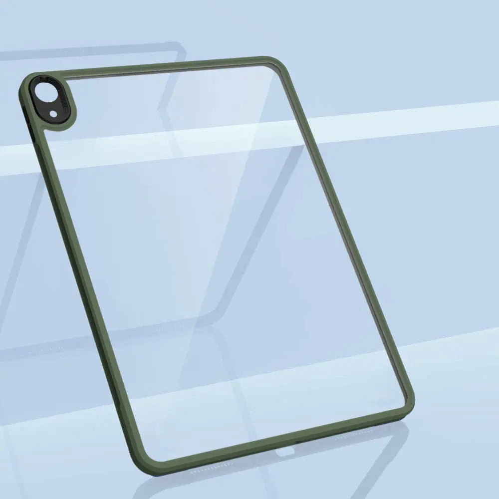 Transparent acrylic case for Apple iPad Air4 2020 model with slim olive green bumper and precise camera cutout