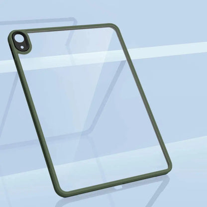 Transparent acrylic case for Apple iPad Air4 2020 model with slim olive green bumper and precise camera cutout