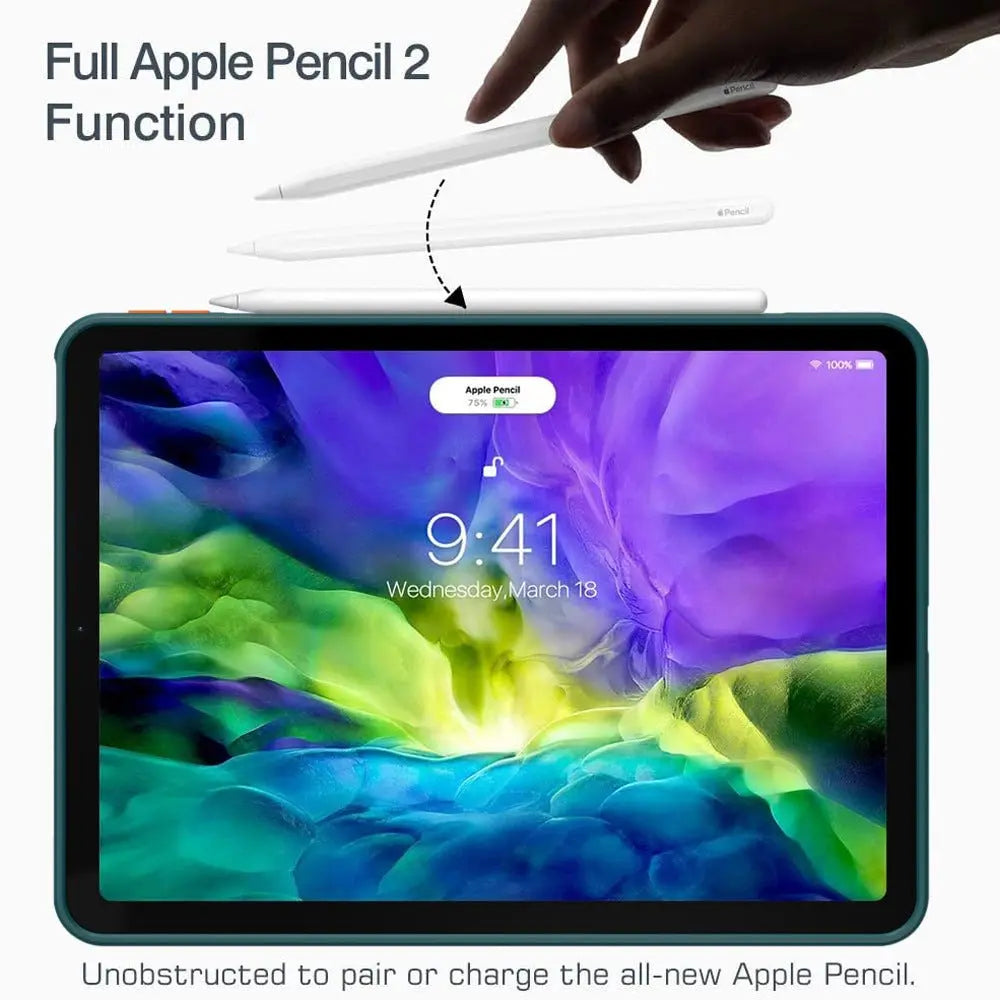 Dark green bumper case on Apple iPad Air4 with clear back showing full Apple Pencil 2 magnetic charging function