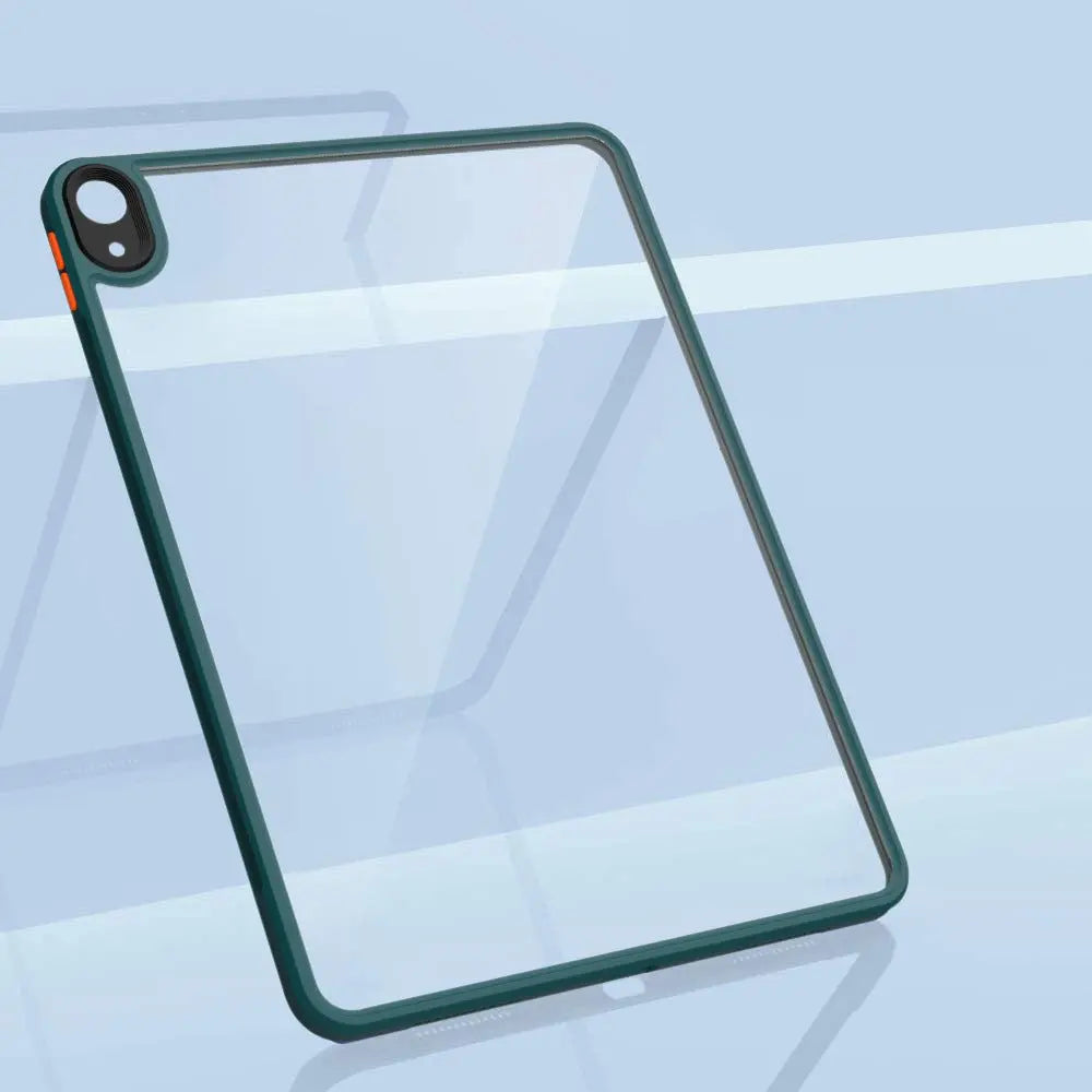 Transparent acrylic protective case for Apple iPad Air4 2020 with green edges and camera cutout detail