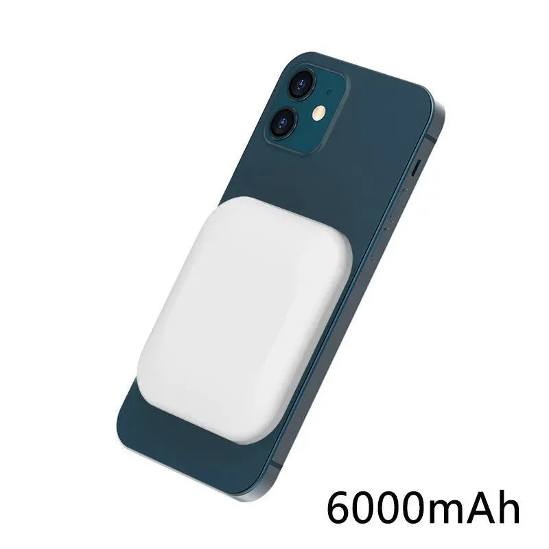 White magnetic wireless power bank attached to dark blue iPhone with 6000mAh capacity shown on side