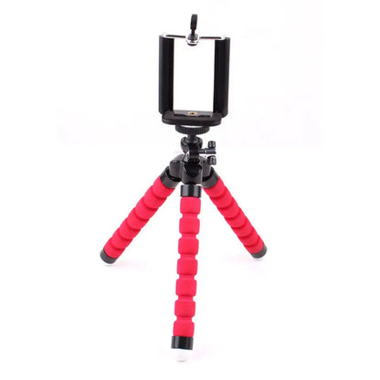 Mini flexible sponge octopus tripod stand holder with red legs and adjustable phone mount for smartphones and cameras