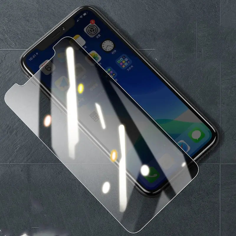 Transparent privacy film screen protector for Apple iPhone shown partially applied on phone display with app icons visible