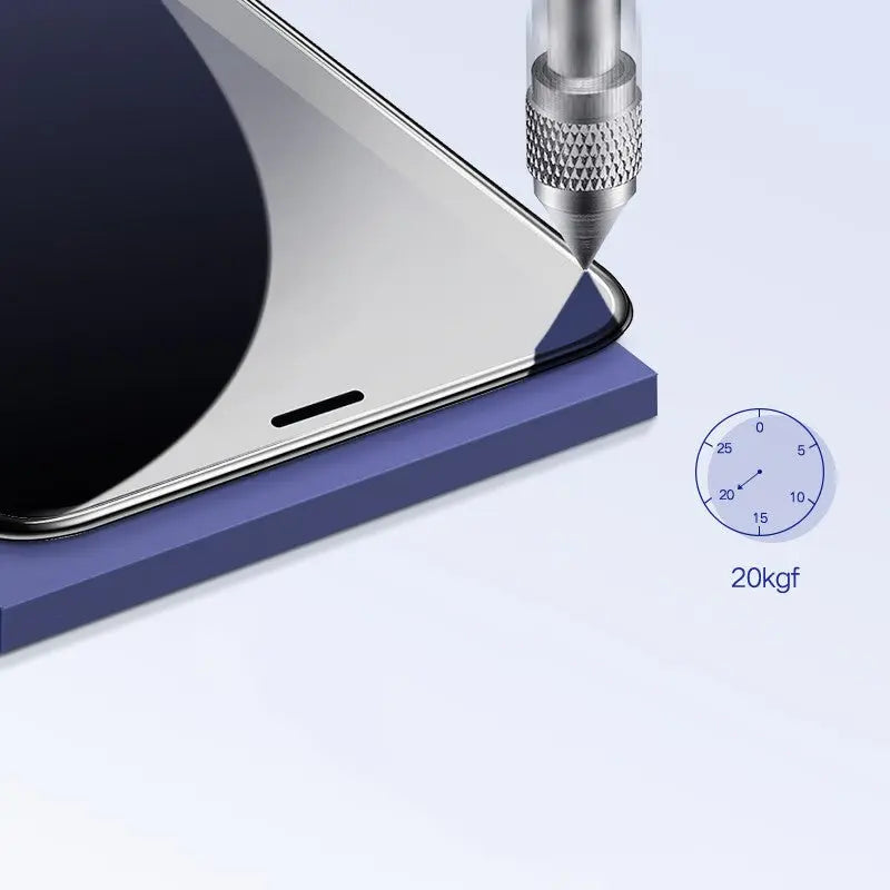 Close-up of tempered glass privacy film for Apple iPhone showing edge durability test with pressure gauge reading 20kgf