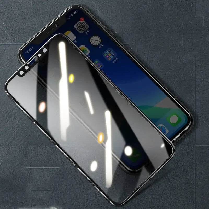 Tempered glass privacy film for Apple iPhone with anti-glare and fingerprint resistant coating on dark surface background